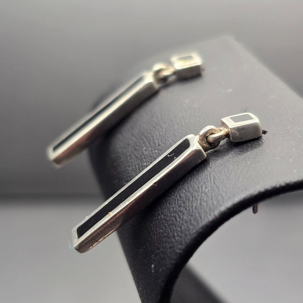 VTG 925 Sterling Silver Black Onyx Dangle Earrings 1.25" Art Deco Style Signed M - Picture 2 of 7